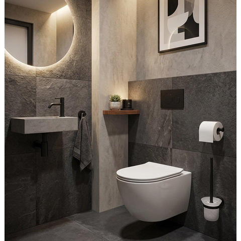 Fortifura Calvi Toiletset - toiletborstelhouder - open - handdoekhaak - toiletrolhouder - zonder klep - mat zwart SW809426