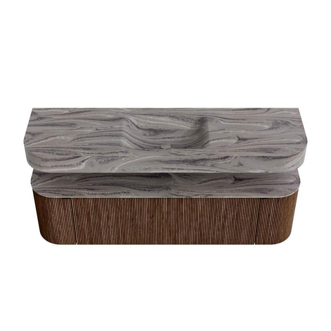 MONDIAZ THOR-DLUX 160cm meuble de salle de bains arrondi gauche + droite couleur Walnut avec 1 tiroir et 2 portes. Vasque suspendue CLOUD Milieu sans trou de robinet couleur Sombra. SW1465394