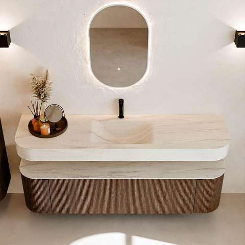 MONDIAZ THOR-DLUX 170cm meuble de salle de bains arrondi gauche + droite couleur Walnut avec 1 tiroir et 2 portes. Vasque suspendue CLOUD Milieu 1 trou de robinet couleur Meli. SW1465749