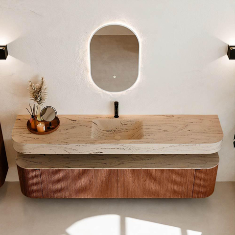 MONDIAZ THOR-DLUX 200cm meuble de salle de bains arrondi gauche + droite couleur Ruby avec 2 tiroirs et 2 portes. Vasque suspendue CLOUD Milieu 1 trou de robinet couleur Arena. SW1467078