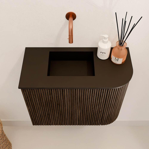 Mondiaz JOYA 51.6cm toiletmeubel - ronding rechts kleur Walnut - Wastafel FAYE positie Links Zonder kraangat kleur Urban. SW1421353
