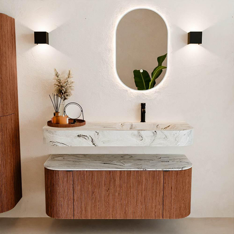 MONDIAZ THOR-DLUX 120cm meuble de salle de bains arrondi gauche + droite couleur Ruby avec 1 tiroir et 2 portes. Vasque suspendue CLOUD Droite 1 trou de robinet couleur Glace. SW1463091