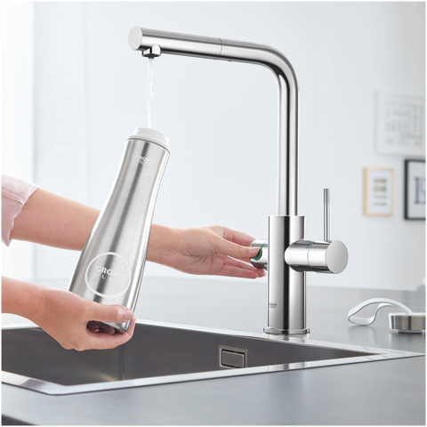 GROHE Blue Home Robinet de cuisine - bec en L extractible - monotrou - fonction de filtration - eau plate légère et pétillante - chrome SW236967