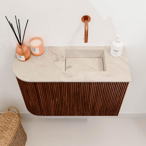 Mondiaz JOYA-DLUX Meuble de toilette 61,6cm - arrondi gauche couleur Ruby - Vasque FAYE position Droite Sans trou de robinet couleur Frappe SW1423488