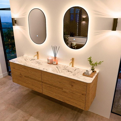 Mondiaz CIRO-DLUX Badkamermeubelset - 180x45x50cm - Solid surface wastafel Glace - 2 wasbak Dubbel - 2 kraangaten - 4 lades - Oak SW1530835