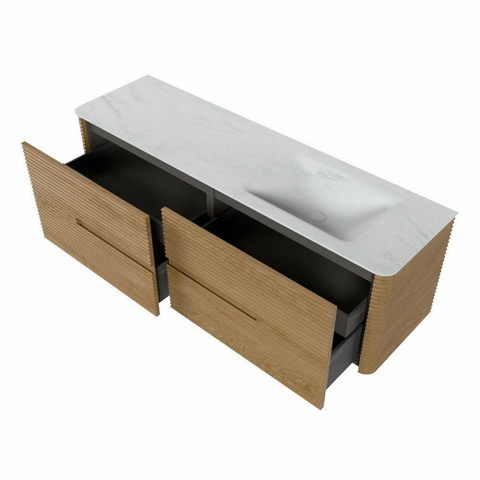 Mondiaz CIRO-DLUX Meuble de salle de bains - 160x45x50cm - Plan vasque solid surface Opalo - 1 vasque à droite - sans trous de robinet - 4 tiroirs - Chêne SW1530914