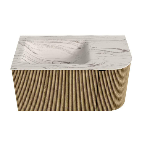 MONDIAZ KURVE-DLUX 85cm badmeubel ronding Rechts kleur Dusk met 1 lade en 1 deur. Wastafel CLOUD Links zonder kraangat Nata. SW1432356