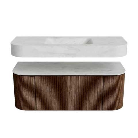 MONDIAZ THOR-DLUX 120cm badmeubel ronding links + rechts kleur Walnut met 1 lade en 2 deuren. Vrijhangende wastafel CLOUD Midden zonder kraangat kleur Opalo. SW1463227