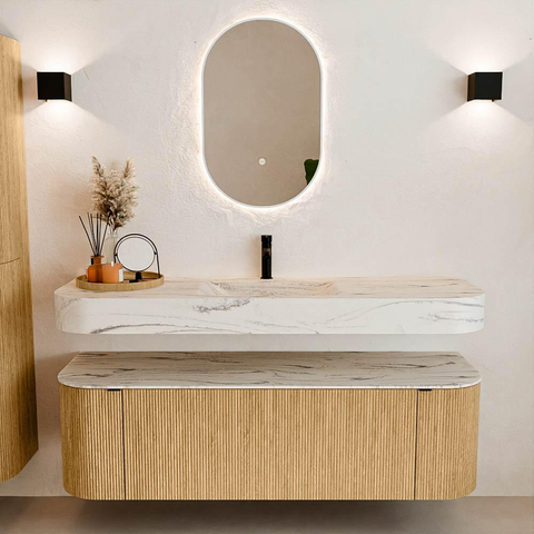 MONDIAZ THOR-DLUX 150cm meuble de salle de bains arrondi gauche + droite couleur Oak avec 1 tiroir et 2 portes. Vasque suspendue CLOUD Milieu 1 trou de robinet couleur Nata. SW1464814