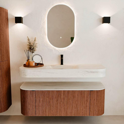MONDIAZ THOR-DLUX Meuble de salle de bains 130cm arrondi gauche + droite couleur Ruby avec 1 tiroir et 2 portes. Vasque suspendue CLOUD Milieu 1 trou de robinet couleur Meli. SW1463844