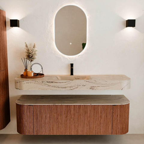 MONDIAZ THOR-DLUX 150cm meuble de salle de bains arrondi gauche + droite couleur Ruby avec 1 tiroir et 2 portes. Vasque suspendue CLOUD Milieu 1 trou de robinet couleur Arena. SW1464761