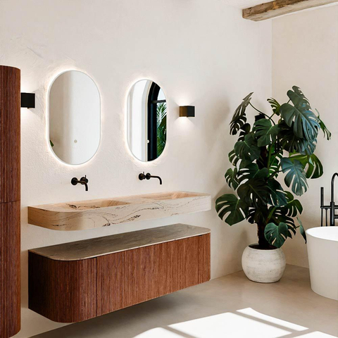 MONDIAZ THOR-DLUX 150cm meuble de salle de bains arrondi gauche + droite couleur Ruby avec 1 tiroir et 2 portes. Vasque suspendue CLOUD Double sans trou de robinet couleur Arena. SW1464754