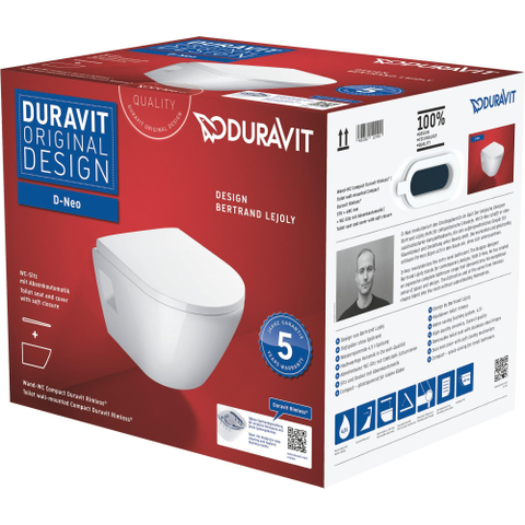 Duravit D-neo Wandclosetpack - met wandcloset - compact - diepspoel - rimless - 37x48x40cm - met closetzitting m dekse - wit hoogglans SW544307