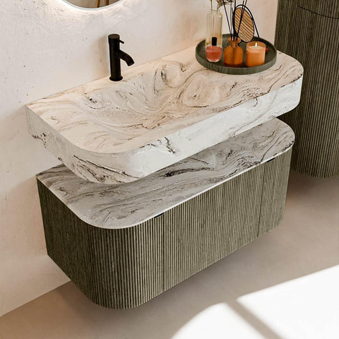 MONDIAZ THOR-DLUX 100cm meuble de salle de bains arrondi gauche + droite couleur Shadow avec 1 tiroir et 2 portes. Vasque suspendue CLOUD Gauche 1 trou de robinet couleur Glace. SW1467444