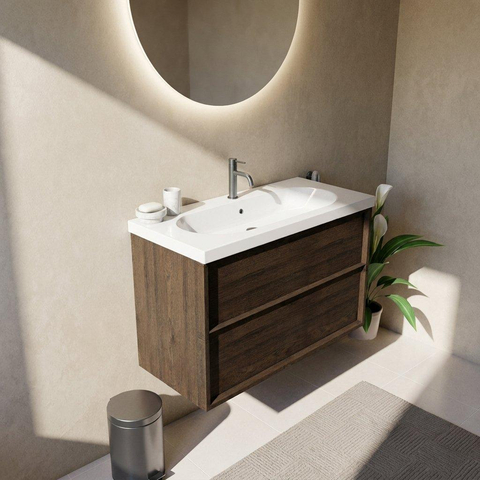 Saniclass Holz Frame Ensemble meuble de salle de bains - 100x45x63.5cm - Palermo lavabo en céramique blanc - 1 vasque - 1 trou de robinet - 2 tiroirs - chêne charcoal mat (bois) SW1579716