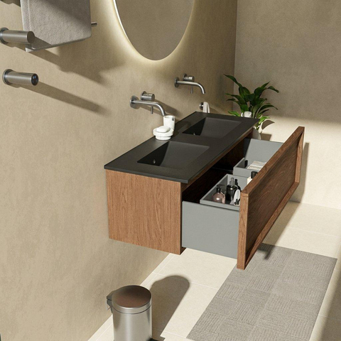 Saniclass Holz Frame Ensemble de meubles de salle de bains - 120x45x42cm - Vasque Vygo en céramique noire - 2 vasques - sans trous de robinetterie - 1 tiroir - noyer pure mat (bois) SW1479083
