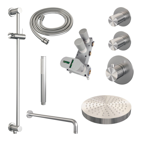 BRAUER Stripe Thermostatische Inbouw Regendouche - SET 08 - 25cm douchekop - gebogen muurarm - staaf handdouche - doucheslang - geïntegreerde glijstang - RVS-kleurig geborsteld PVD SW1435075