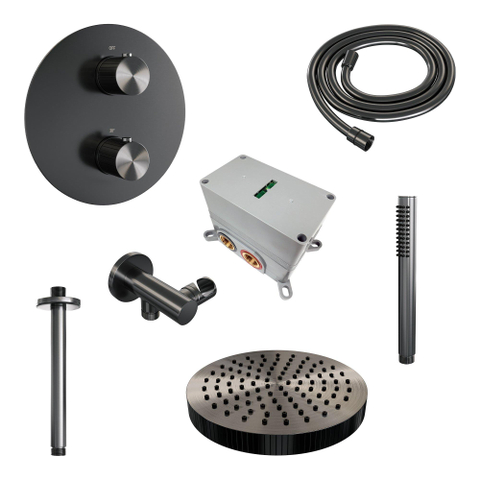 BRAUER Stripe Thermostatische Inbouw Regendouche - 3-weg - rond - SET 39 - 25cm douchekop - plafondarm - staaf handdouche - doucheslang - wandaansluitbocht - gunmetal geborsteld PVD SW1435012
