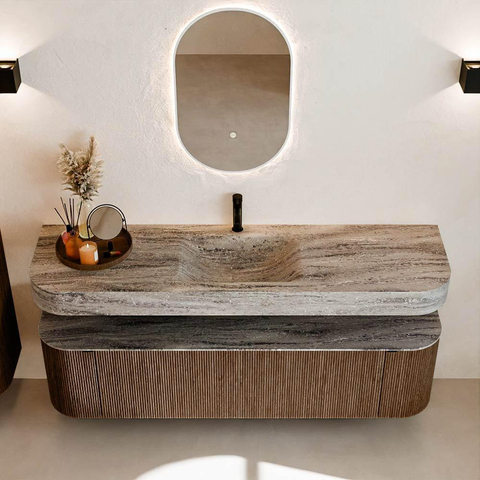 MONDIAZ THOR-DLUX 170cm badmeubel ronding links + rechts kleur Walnut met 1 lade en 2 deuren. Vrijhangende wastafel CLOUD Midden 1 kraangat kleur Oza. SW1465680