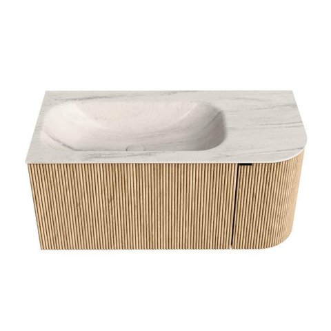 MONDIAZ KURVE-DLUX 95cm badmeubel ronding Rechts kleur Oak met 1 lade en 1 deur. Wastafel BIG SMALL Links zonder kraangat Meli. SW1431561