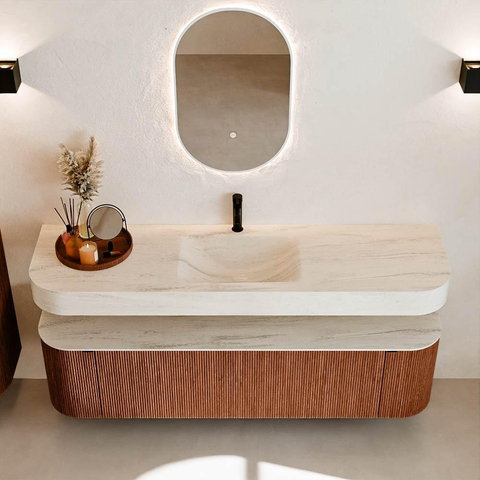 MONDIAZ THOR-DLUX 170cm meuble de salle de bains arrondi gauche + droite couleur Ruby avec 1 tiroir et 2 portes. Vasque suspendue CLOUD Milieu 1 trou de robinet couleur Meli. SW1465756