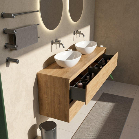 Saniclass Holz Pure Badkamermeubelset - 160x45x62cm - houten topblad - zonder kraangat - 4 lades - mat eiken natural (hout) SW1479056