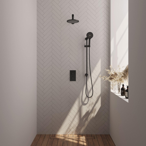 Ensemble de douche pluie Brauer Black Carving encastré - douche principale 20 cm - bras mural droit - glijstang - avec partie encastrable - 2 fonctions - bouton carving - douchette ronde 1 fonction - noir mat SW716231