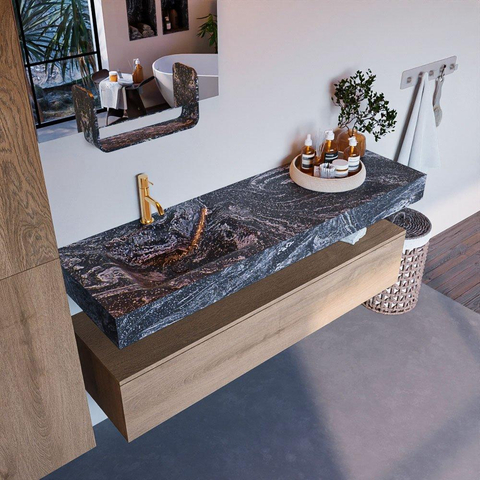 Mondiaz ALAN-DLUX Ensemble de meuble - 150cm - meuble Washed Oak mat - 1 tiroir - Lavabo Cloud Lava suspendu - vasque Gauche - 1 trou de robinet SW808710