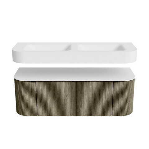 MONDIAZ THOR 130cm meuble de salle de bains arrondi gauche + droite couleur Shadow avec 1 tiroir et 2 portes. Vasque suspendue CLOUD Double sans trou de robinet couleur Talc. SW1463737