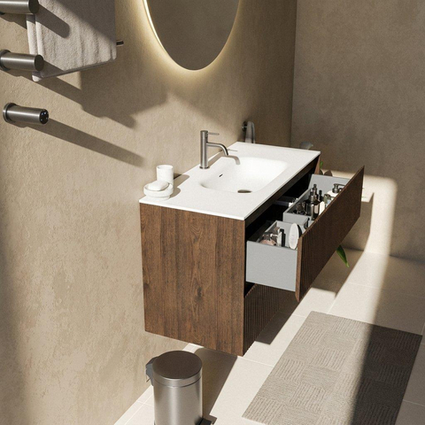 Saniclass Holz Atelier Badkamermeubelset - 100x45x61.5cm - Flow solid surface wastafel wit - 1 wasbak - 1 kraangat - 2 lades - mat eiken charcoal (hout) SW1478403