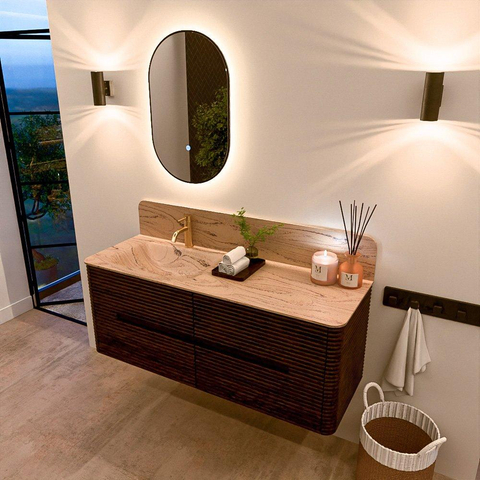 Mondiaz CIRO-DLUX Meuble de salle de bains - 130x45x50cm - Plan-vasque en solid surface Arena - 1 vasque à gauche - 1 trou de robinetterie - 4 tiroirs - Noyer SW1530436