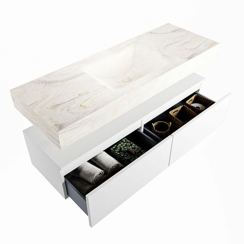 Mondiaz ALAN-DLUX Ensemble de meuble - 130cm - meuble Talc mat - 2 tiroirs - Lavabo Cloud Ostra suspendu - vasque Centre - 1 trou de robinet SW807005
