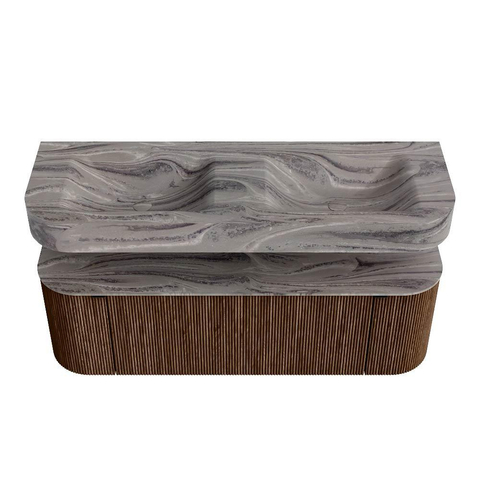 MONDIAZ THOR-DLUX 140cm badmeubel ronding links + rechts kleur Walnut met 1 lade en 2 deuren. Vrijhangende wastafel CLOUD Dubbel 2 kraangaten kleur Sombra. SW1464212