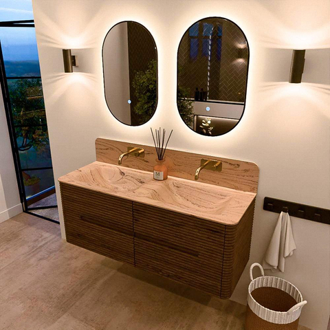 Mondiaz CIRO-DLUX Badkamermeubelset - 130x45x50cm - Solid surface wastafel Arena - 2 wasbak Dubbel - zonder kraangaten - 4 lades - Dusk SW1533103