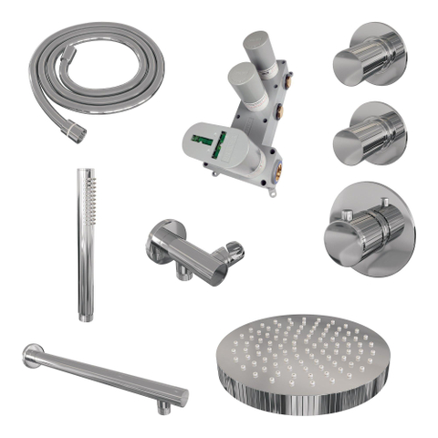 BRAUER Stripe Thermostatische Inbouw Regendouche - SET 01 - 25cm douchekop - rechte muurarm - staaf handdouche - doucheslang - wandaansluitbocht - chroom SW1434738