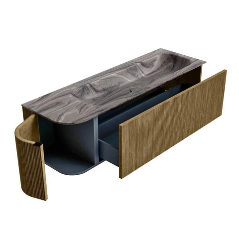 MONDIAZ KURVE-DLUX Meuble de salle de bains 145cm arrondi à gauche couleur Dusk avec 1 tiroir et 1 porte. Lavabo BIG LARGE à droite 2 trous de robinet Sombra. SW1433879