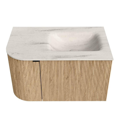 MONDIAZ KURVE-DLUX 75cm badmeubel ronding Links kleur Oak met 1 lade en 1 deur. Wastafel GRUNNE Rechts 1 kraangat Meli. SW1431589