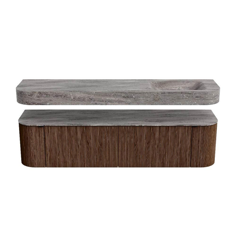 MONDIAZ THOR-DLUX 180cm badmeubel ronding links + rechts kleur Walnut met 2 lades en 2 deuren. Vrijhangende wastafel CLOUD Rechts 1 kraangat kleur Oza. SW1466290
