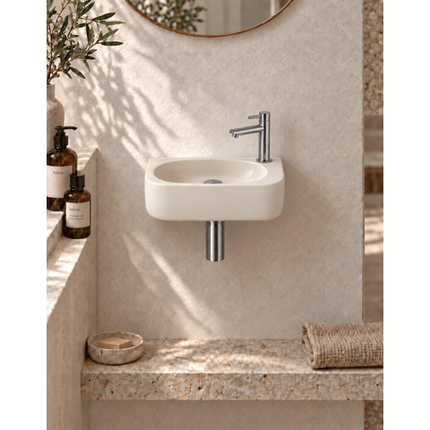 QeramiQ Fuente pack lave-mains – demi-rond – 40 x 21,5 x 12 cm – céramique beige – perçage à droite – robinet gunmetal SW1232832