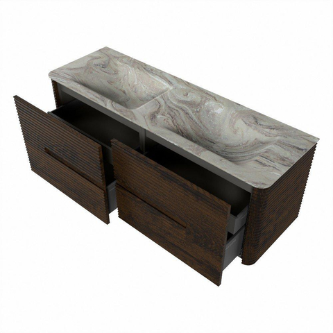Mondiaz CIRO-DLUX Ensemble de meubles de salle de bains - 140x45x50cm - vasque en solid surface Glace - 2 bassins Double - sans trous de robinet - 4 tiroirs - Noyer SW1530268