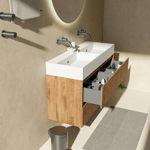 Saniclass Holz Atelier Badkamermeubelset - 120x45x72cm - Legend keramische wastafel mat wit - 2 wasbakken - zonder kraangaten - 4 lades - mat eiken natural (hout) SW1596144