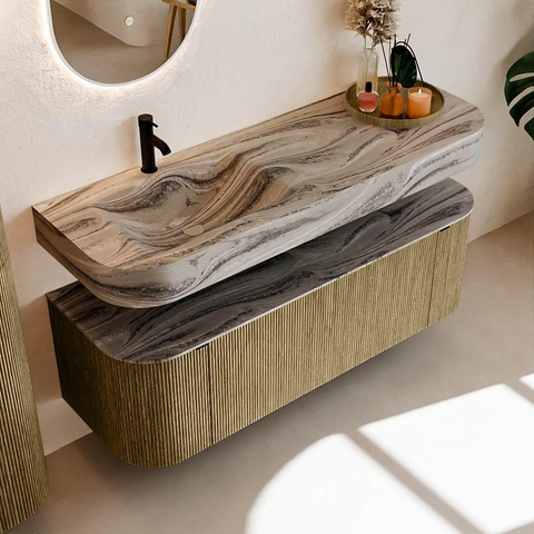 MONDIAZ THOR-DLUX 140cm meuble de salle de bains arrondi gauche + droite couleur Dusk avec 1 tiroir et 2 portes. Vasque suspendue CLOUD Gauche 1 trou de robinet couleur Sombra. SW1464235