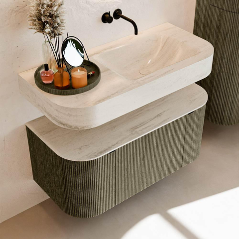 MONDIAZ THOR-DLUX 100cm meuble de salle de bains arrondi gauche + droite couleur Shadow avec 1 tiroir et 2 portes. Vasque suspendue CLOUD droite sans trou de robinet couleur Meli. SW1467492