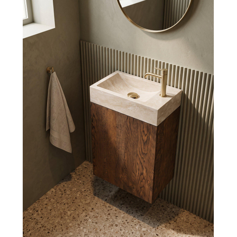 Saniclass Holz Pure Toiletmeubelset - 40x60.5cm - 1 deur - fontein travertine - kraangat rechts - eiken charcoal SW1577785