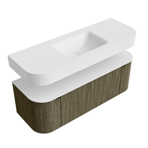 MONDIAZ THOR 130cm meuble de salle de bains arrondi gauche + droite couleur Shadow avec 1 tiroir et 2 portes. Vasque suspendue CLOUD Milieu 1 trou de robinet couleur Talc. SW1463763