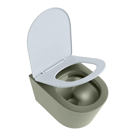 Mondiaz LAVIE hangtoilet – spoelrandloos – 36 x 53 cm – met softclose zitting – Army (groen), zitting Clay (lichtblauw/grijs) SW1208583