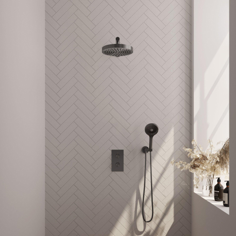 BRAUER Stripe Douche de tête thermostatique encastrable - 3 voies - rectangulaire - pomme de douche 25cm - bras mural droit - douchette 3 jets - flexible de douche - coude mural - gunmetal brossé PVD SW1435219