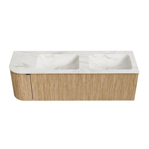 MONDIAZ KURVE-DLUX meuble de salle de bains 145cm avec module 25 L couleur Oak avec 1 tiroir et 1 porte. Lavabo LEAF double / à droite 2 trous de robinet couleur Ostra. SW1137778