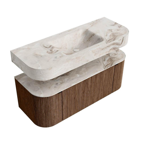 MONDIAZ THOR-DLUX 120cm badmeubel ronding links + rechts kleur Walnut met 1 lade en 2 deuren. Vrijhangende wastafel CLOUD Midden 1 kraangat kleur Frappe. SW1463249