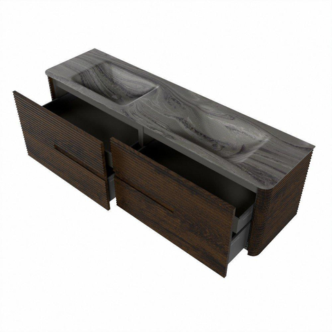 Mondiaz CIRO-DLUX Meuble de salle de bains - 170x45x50cm - Plan vasque solid surface Sombra - 2 bassins Double - sans trous de robinet - 4 tiroirs - Noyer SW1530879